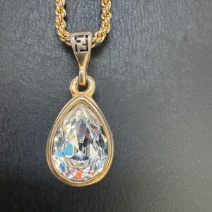 Vintage Fendi Teardrop Crystal Necklace/Gold Tone Designer Pendant Jewelry